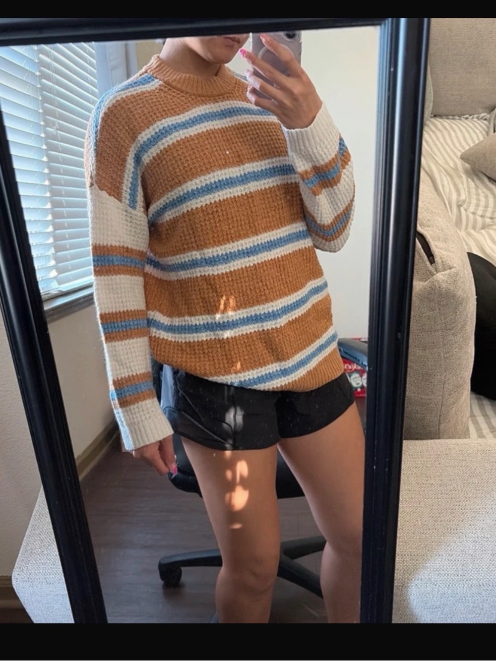 American Eagle Outfitters Striped Crewneck Sweater in Camel, White & Light Blue